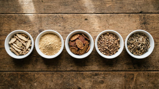 Five natural herbal teas for male stamina including ashwagandha, maca, ginseng, rhodiola, and nettle root