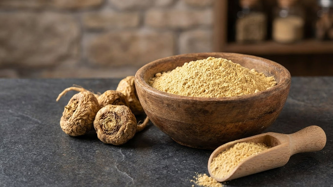Maca root powder and whole roots for male energy, stamina, and natural vitality support