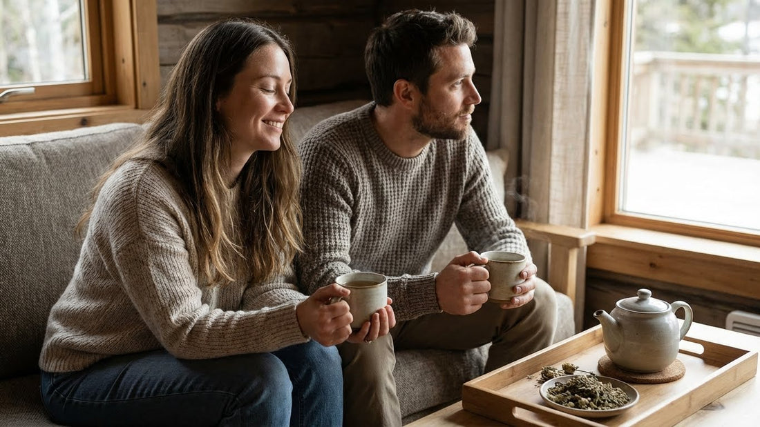man and woman enjoying calm focus with warm herbal tea