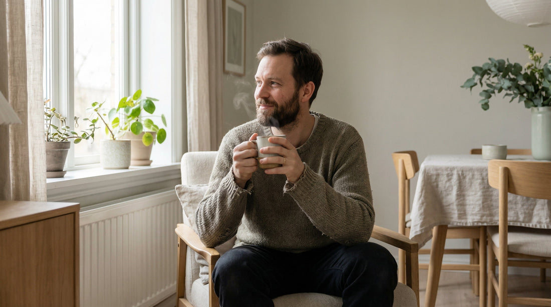man enjoying a calm morning herbal tea routine for daily energy balance