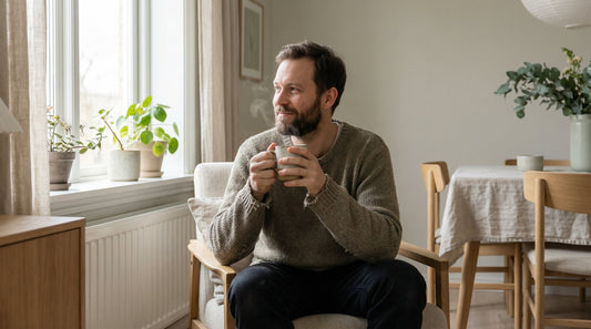 man enjoying a calm morning herbal tea routine for daily energy balance