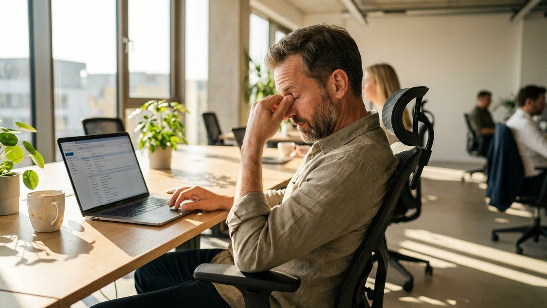 man experiencing afternoon fatigue at his work desk