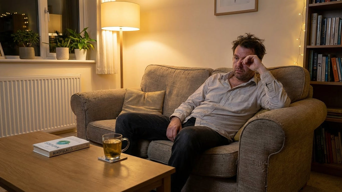 man feeling exhausted after work in the evening at home