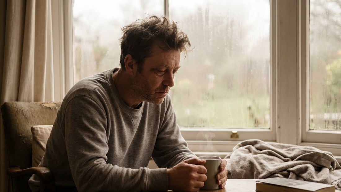 man feeling tired after a full night of sleep in the morning