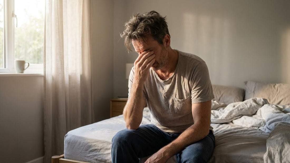 man sitting on bed waking up tired in the morning