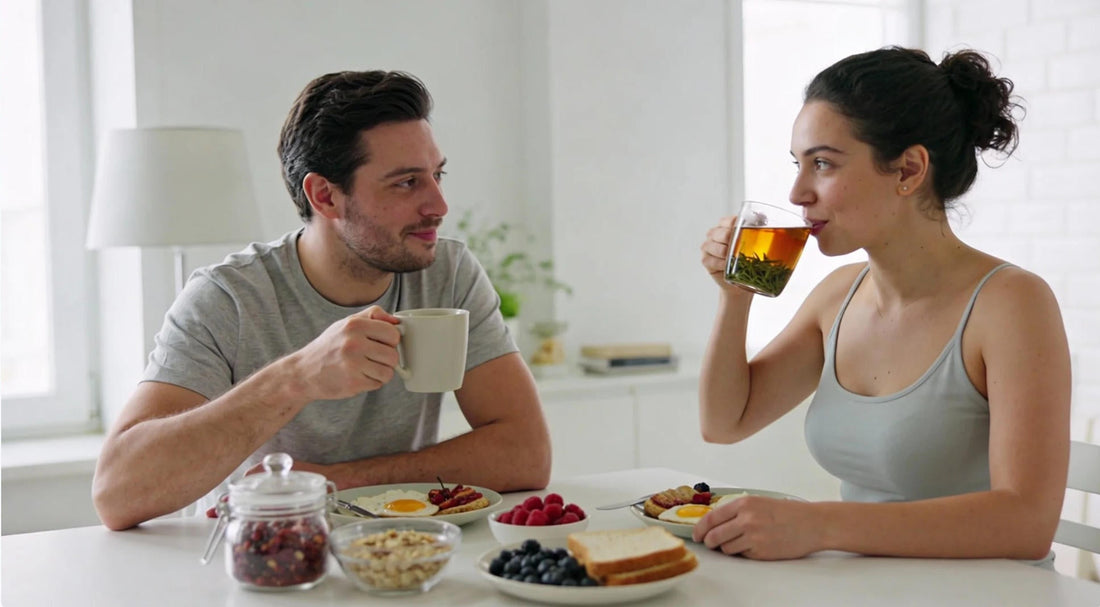 men and women enjoying a calm morning routine that supports metabolic balance