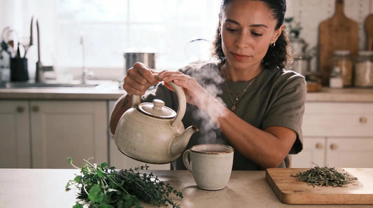 woman preparing a warm herbal tea as part of a daily skin glow routine