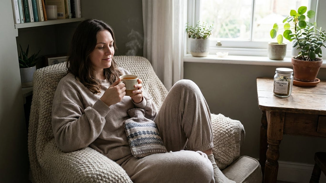woman relaxing with warm tea supporting internal rhythm during menstrual cycle